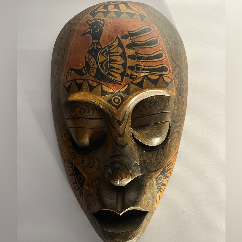 Wooden mask of a face pictures on it Decore wall hanging tribal collector cool